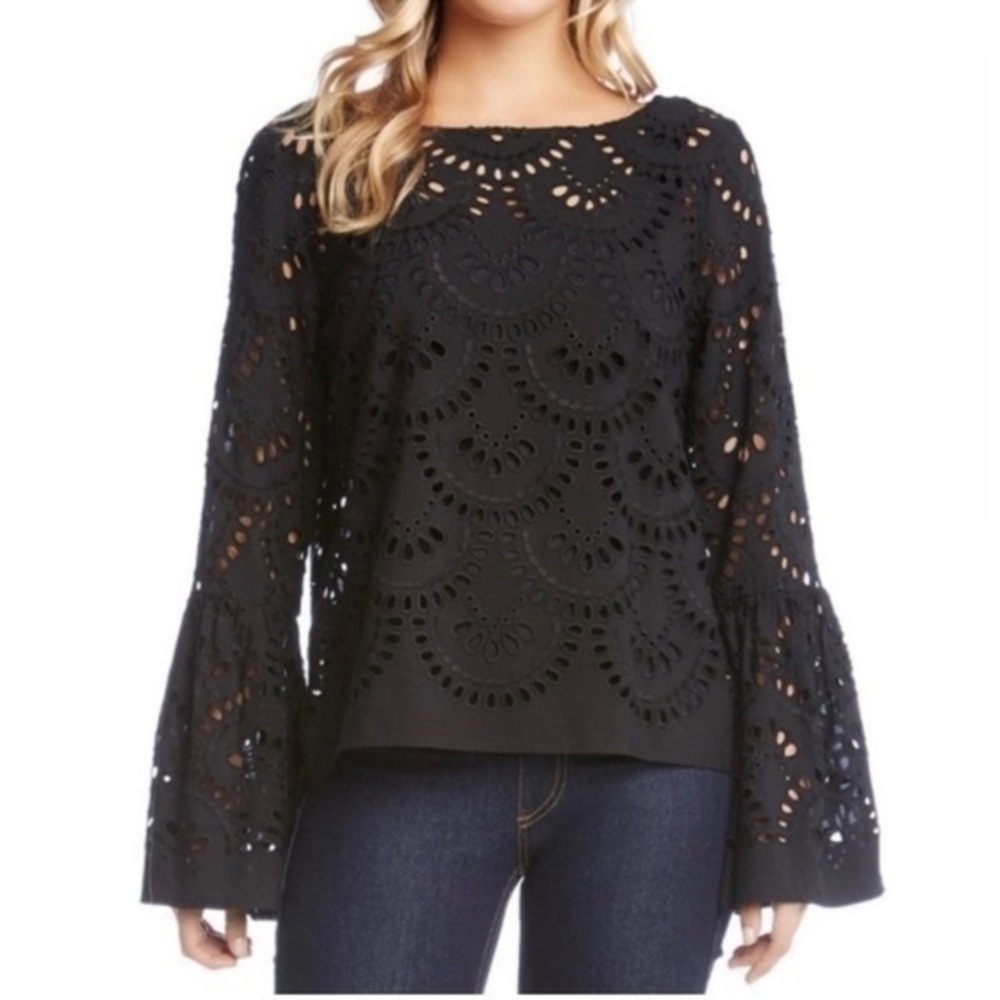 Karen Kane Black Eyelet Lace Bell Sleeve Blouse XS